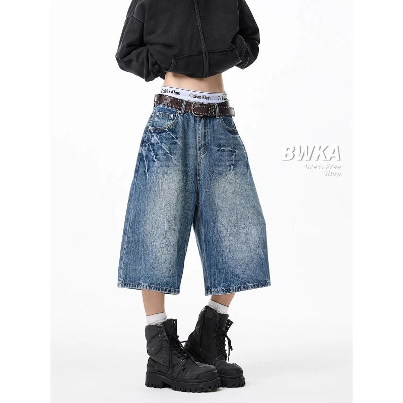 美式高街闪电纹七分牛仔裤男女夏季宽松休闲阔腿显瘦直筒过膝中裤