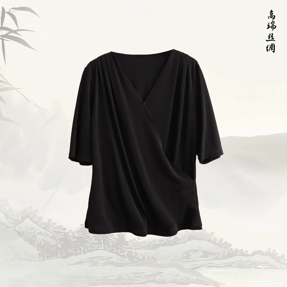 品牌新款时尚法式交叉V领通勤百搭夏季短袖女装526295