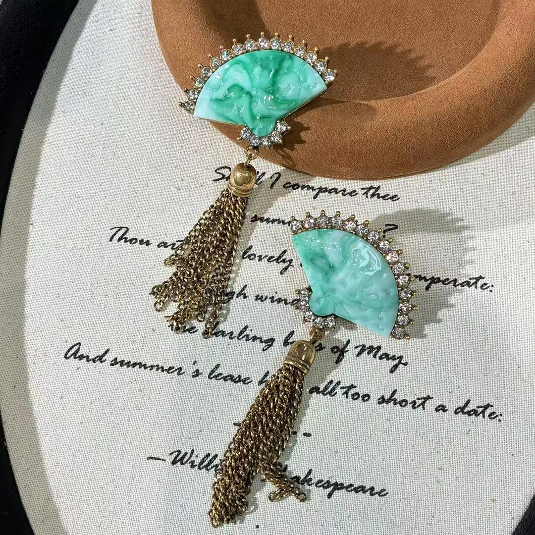 合金合成锆石耳饰 远远（YY1039）画扇-轻奢复古小众扇形流速对称