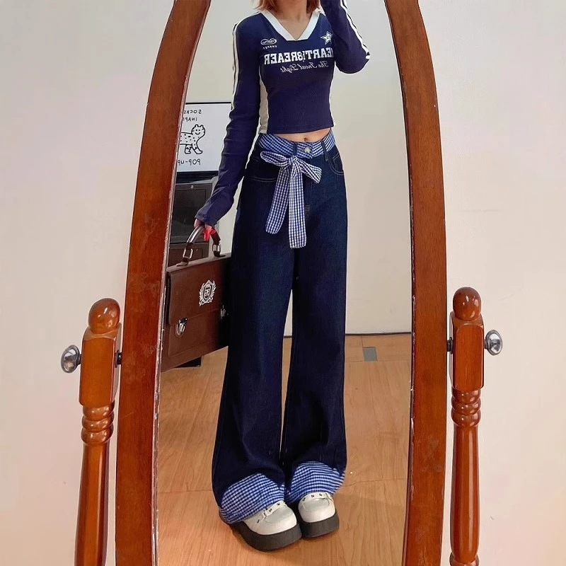 胖MM大码设计感高腰遮胯牛仔裤梨型身材格子拼接直筒阔腿裤潮-N06