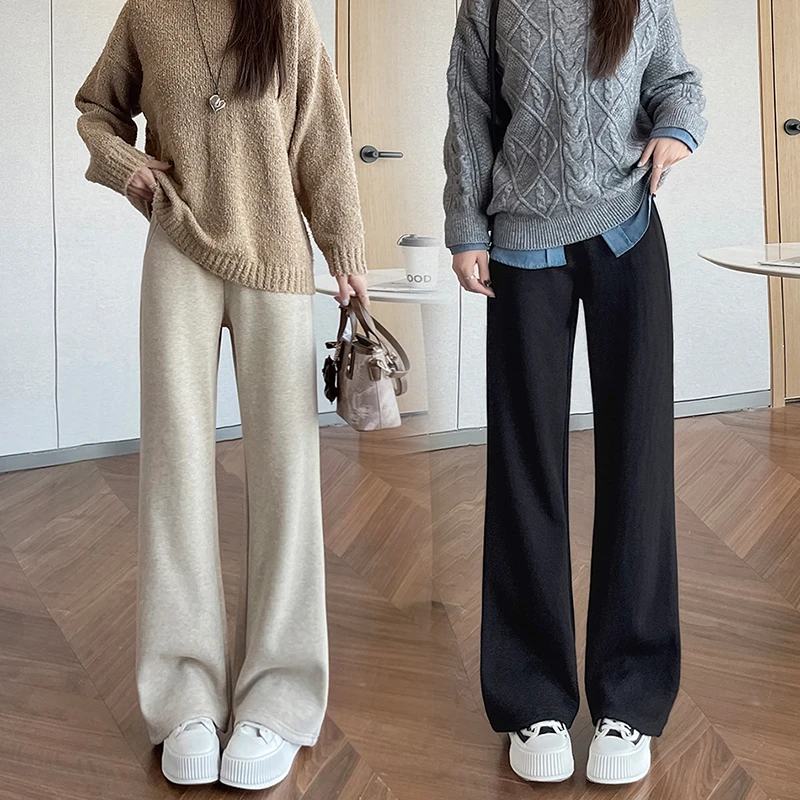 小个子糯米休闲宽松直筒微喇裤女加绒秋冬新款松紧腰九分