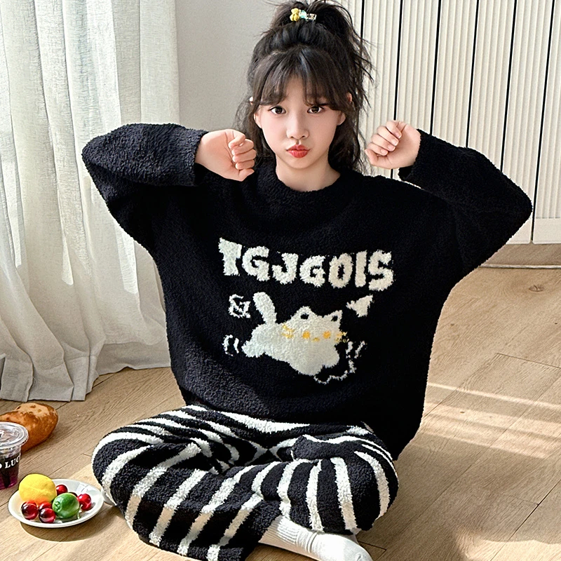 女童珊瑚绒睡衣冬2025新款半边绒儿童家居服冬季女孩加绒居家套装