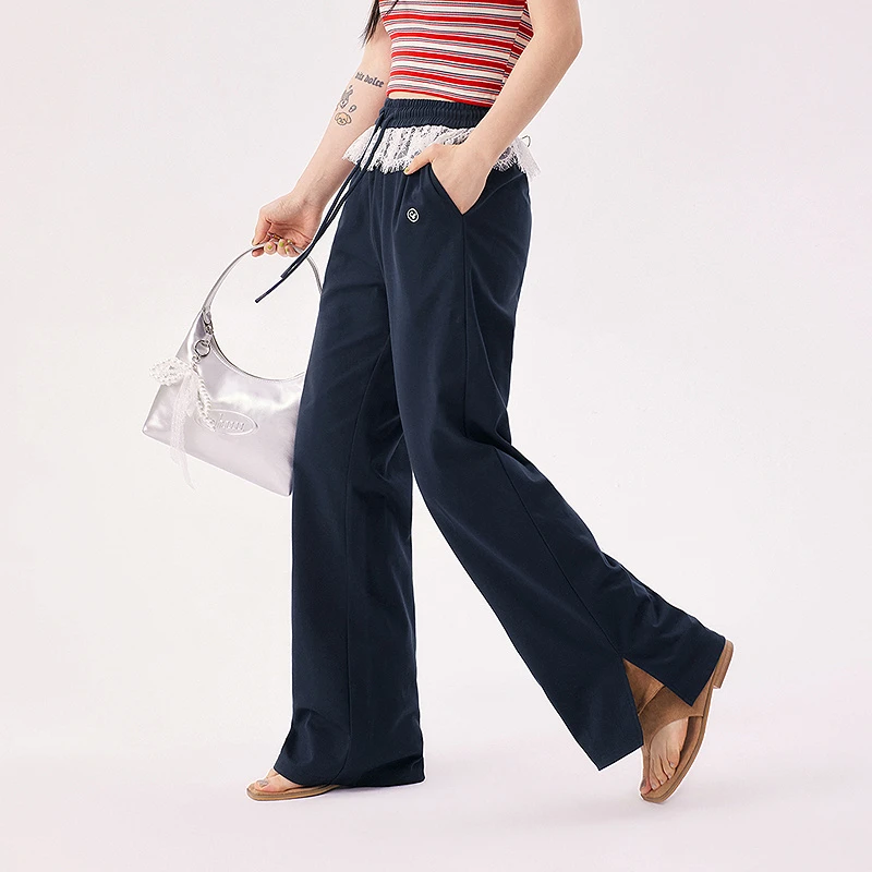 CHUU夏季女装蕾丝边阔腿字母刺绣辣妹穿搭显瘦开叉直筒百搭休闲裤