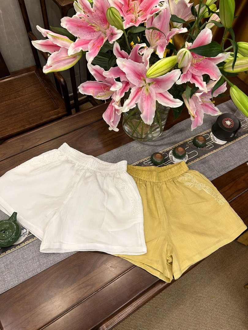 【沅媛】“禾月”国风新中式百搭气质女士松紧腰休闲日常刺绣款短裤