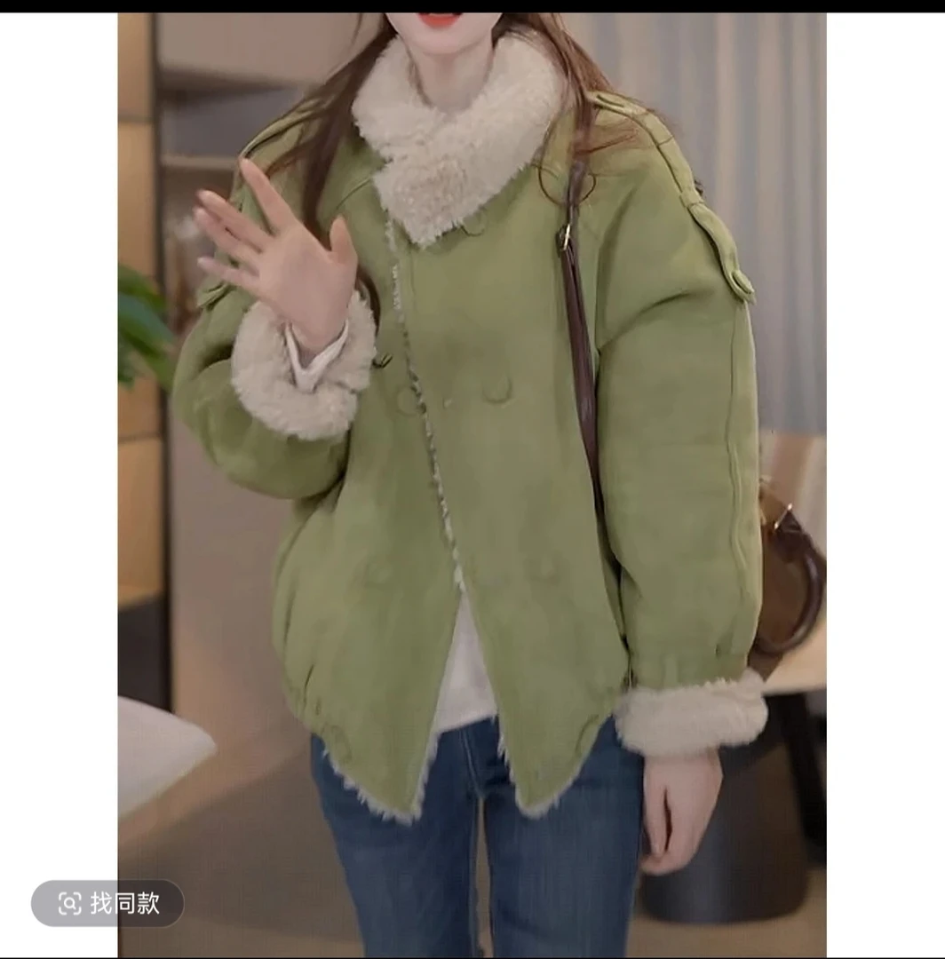 翻领韩系短款皮毛一体外套女2025冬季新款加厚羊羔毛机车夹克上衣