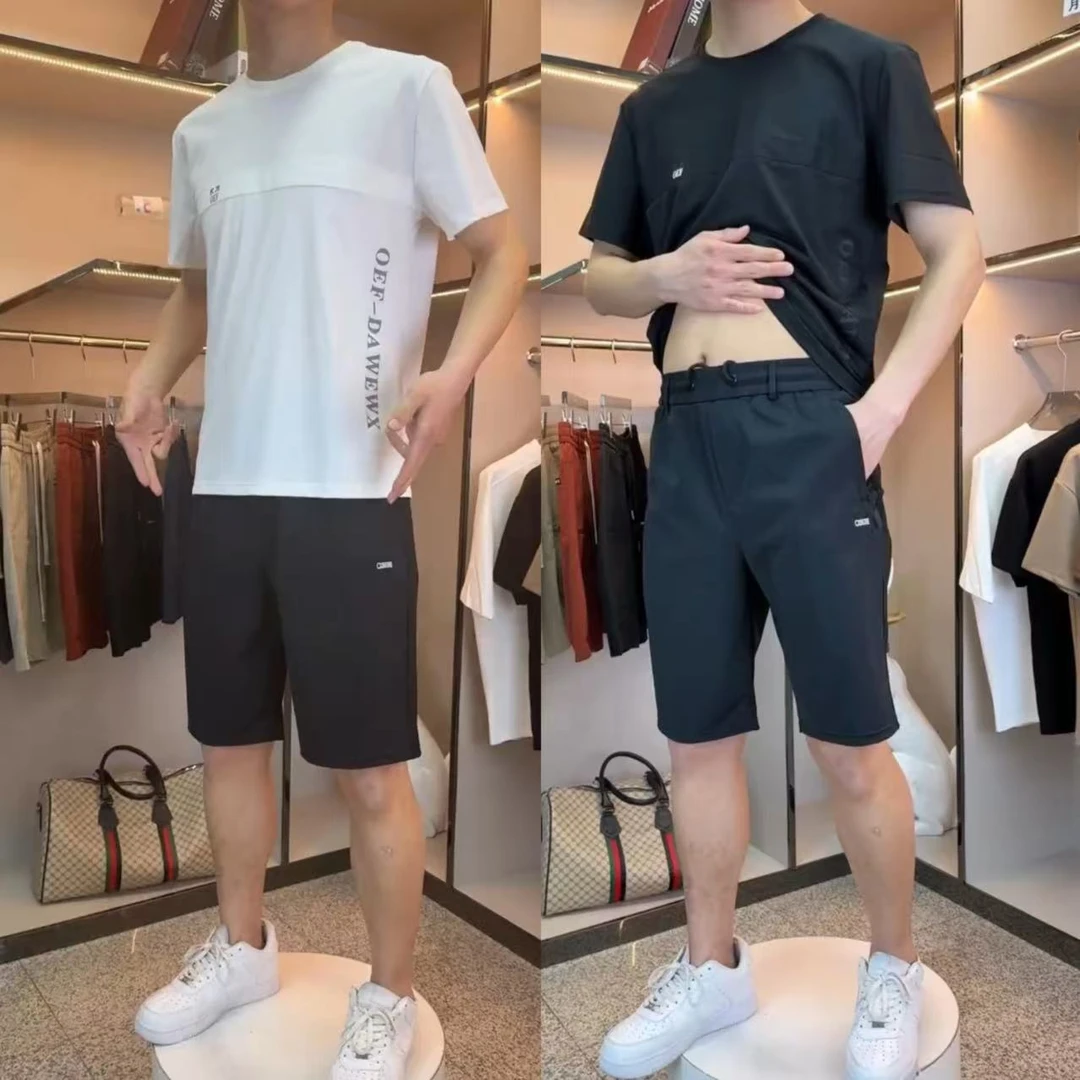 2025夏季薄款网眼冰丝休闲套装男士户外速干透气弹力宽松T恤短裤
