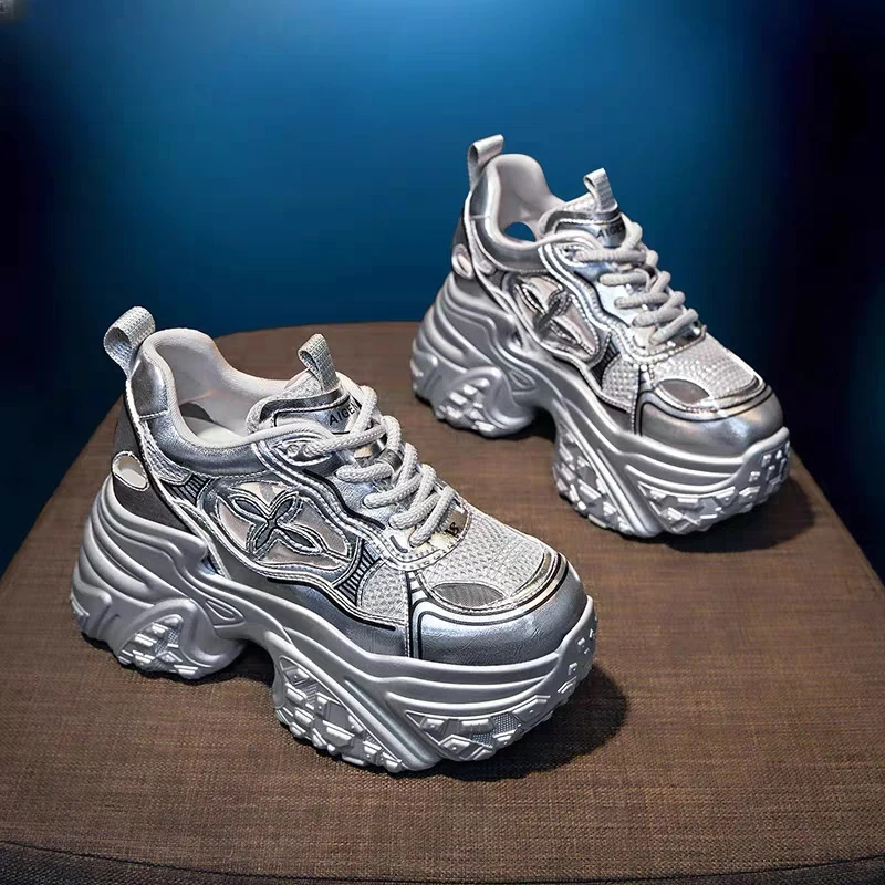 欧根纱厚底老爹鞋女2025夏季新款镂空透气内增高8cm小个子运动2