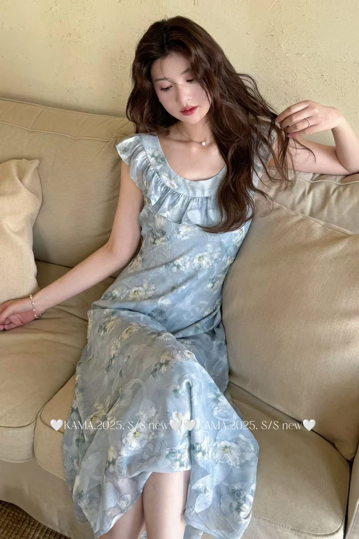 2025夏季新款法式甜美U领气质收腰系带显瘦高级感印花中长连衣裙