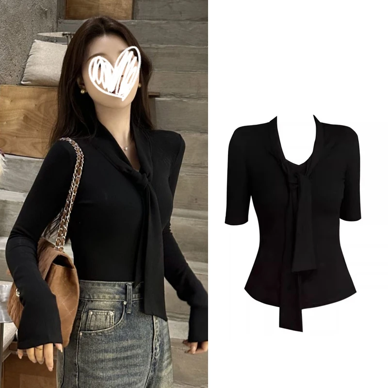 2025年夏季新款性感气质温柔风飘带韩系领薄款修身显瘦上衣