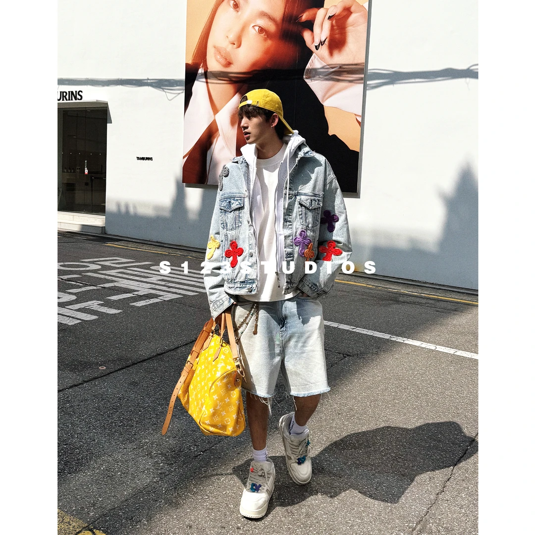 S123 美式复古设计感立体刺绣花朵牛仔夹克高街痞帅宽松百搭外套