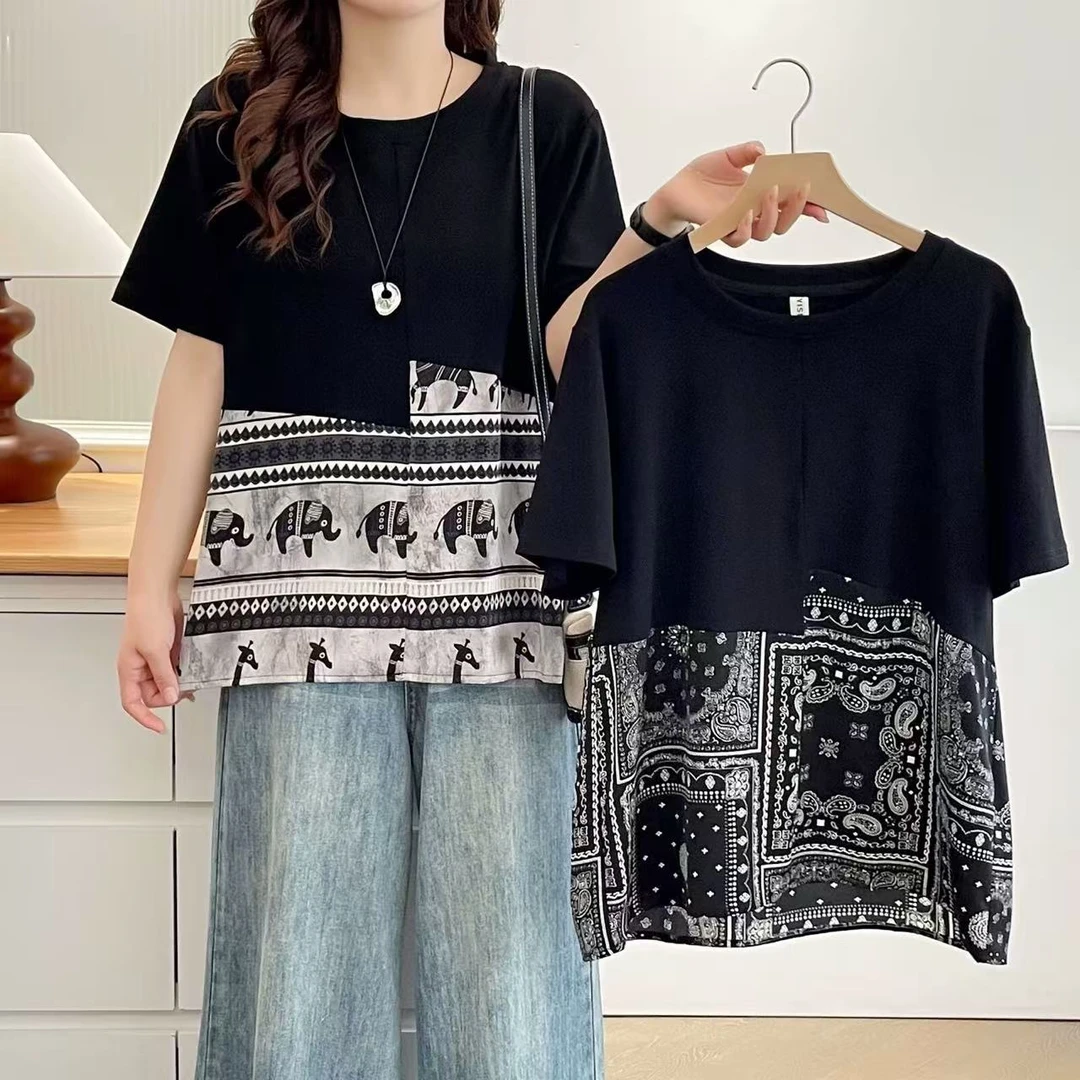 短袖拼接休闲风休闲印花圆领T恤显瘦时尚夏季重工宽松韩版半袖