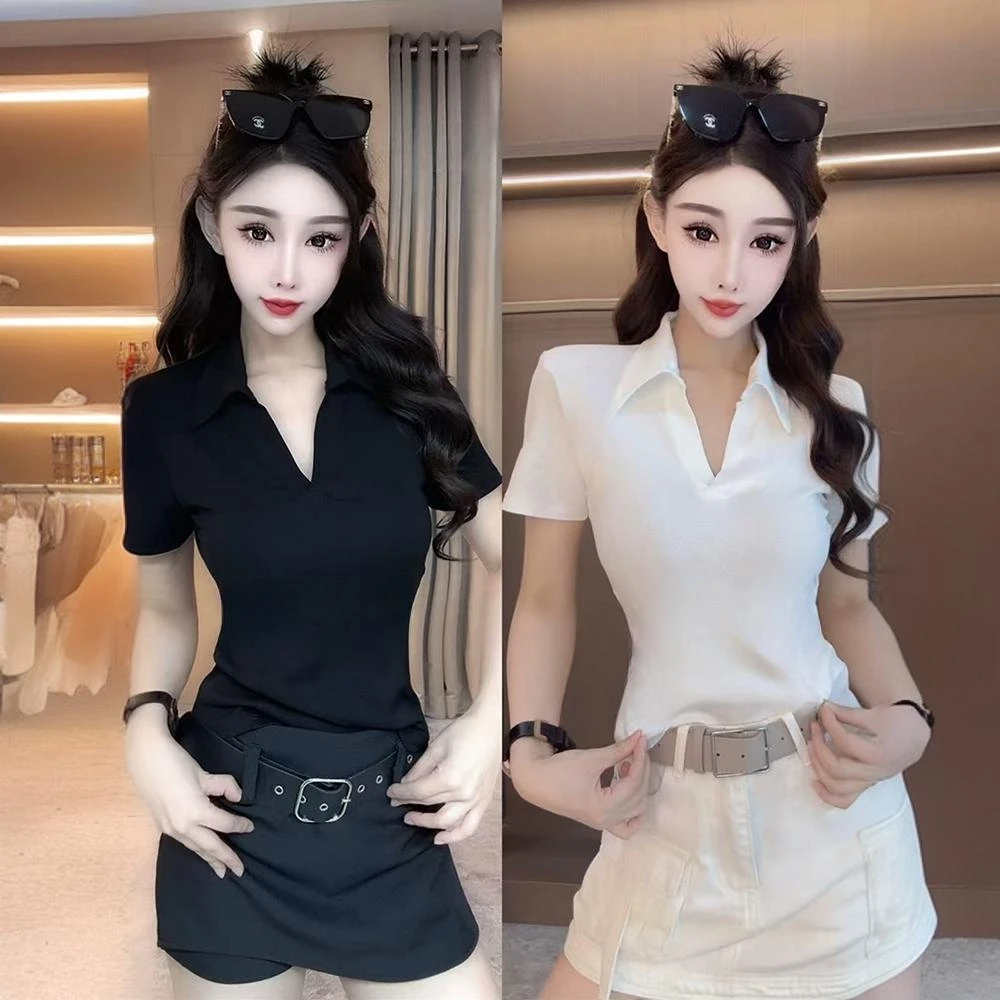 欧货时尚polo领短袖t恤女夏季新款修身百搭洋气翻领韩版纯色上衣
