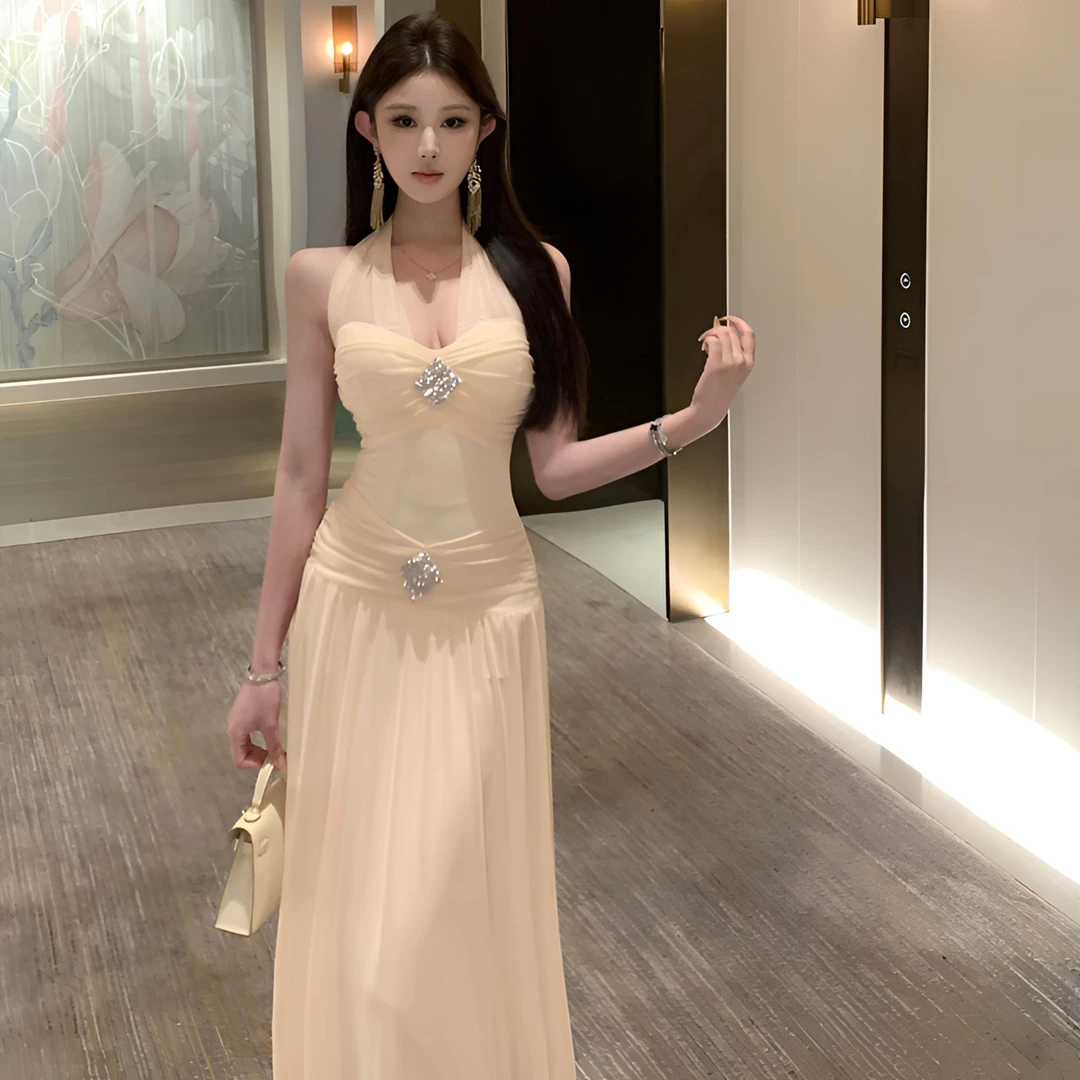 法式复古小众高级感纯欲风性感夏季辣妹气质显瘦挂脖网纱连衣裙潮