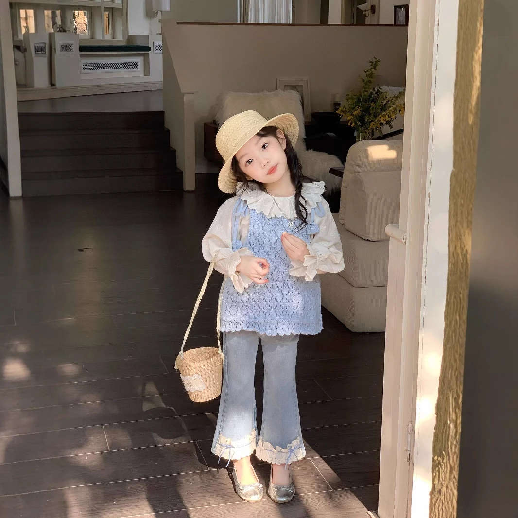 韩版春季新款女童时尚钩花镂空针织马甲背心吊带洋气