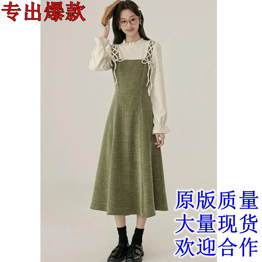 秋冬复古法式气质假两件连衣裙女赫本风宽松遮肚子显瘦中长A字裙