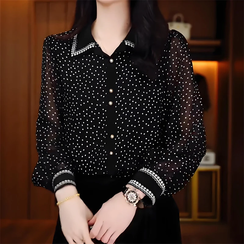 气质设计感波点长袖衬衫女早秋新款宽松遮肉衣服显瘦减龄上衣