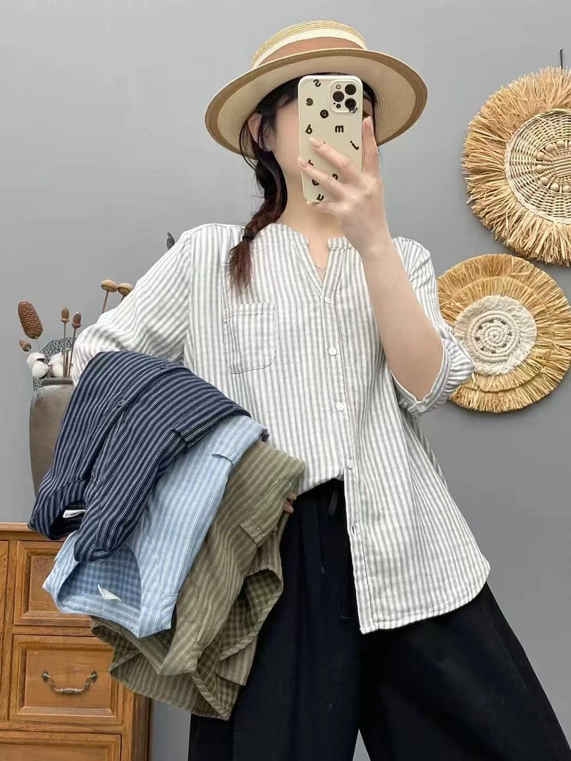 138夏季纯棉百搭薄款休闲显瘦V领纽扣衬衫
