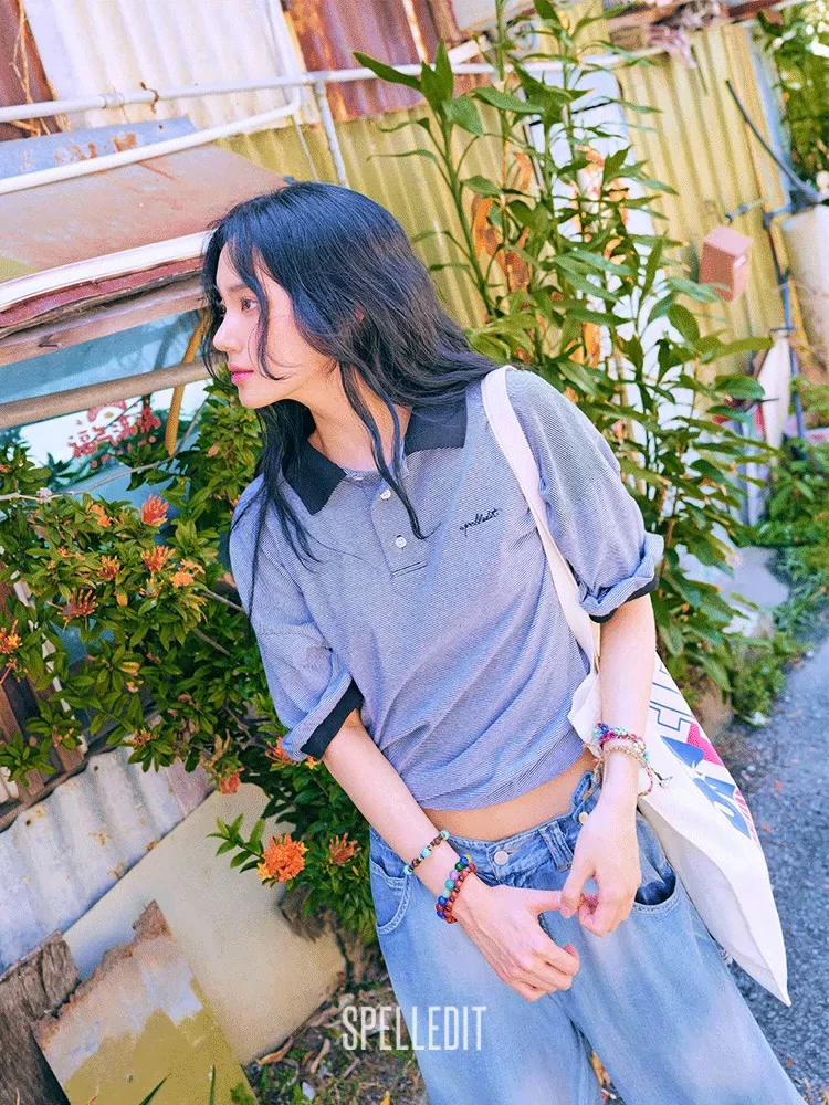 SP2025夏季新品条纹翻领T恤休闲简约复古宽松短袖Polo衫女（原单）