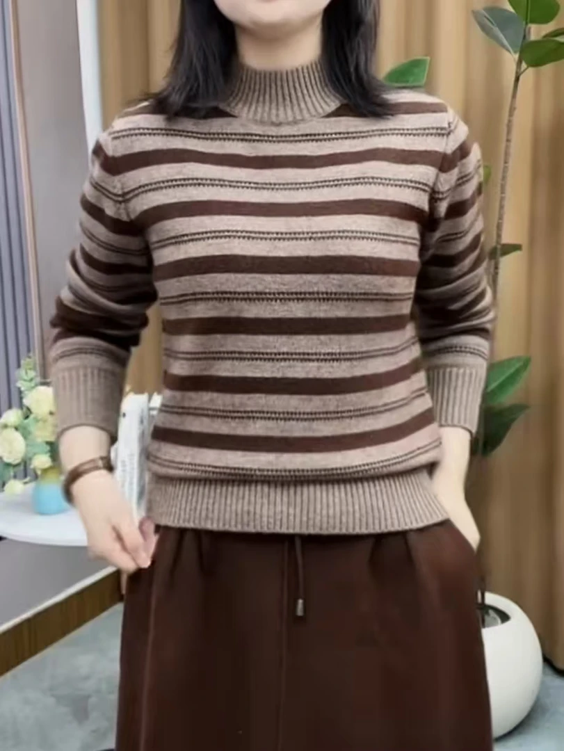 2025秋冬新款半高领条纹加厚毛衣女高品质加密针织衫洋气保暖上衣