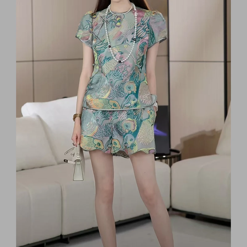 新中式国风女装上衣短裤套装2025夏季新款洋气衣服网红炸街两件套