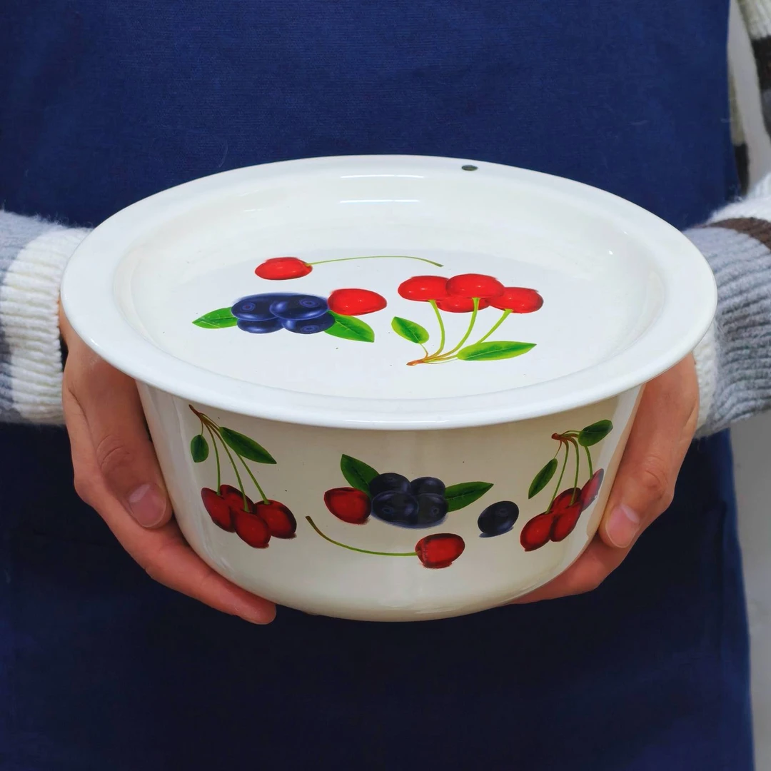 【七喜】18cm20cm洗手碗樱桃 家用荤油罐搪瓷盆老式复古带盖搪瓷碗