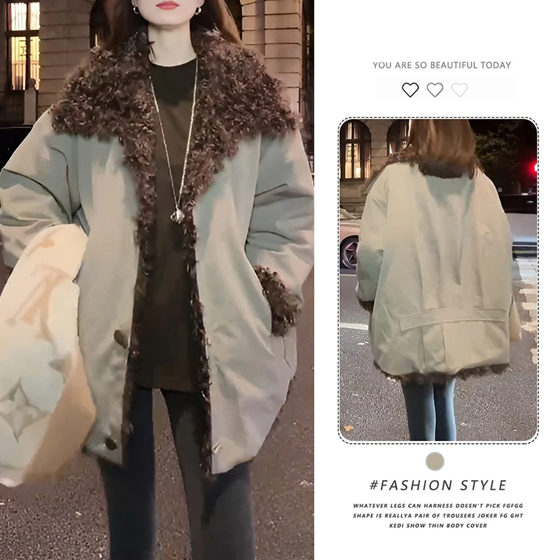 冬季流行翻领大衣外套女韩版时尚羊羔毛皮毛一体加厚保暖外搭上衣