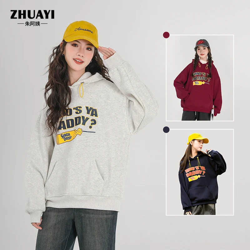 女童秋冬加绒卫衣长袖百搭连帽宽松印花加厚休闲圆领时尚