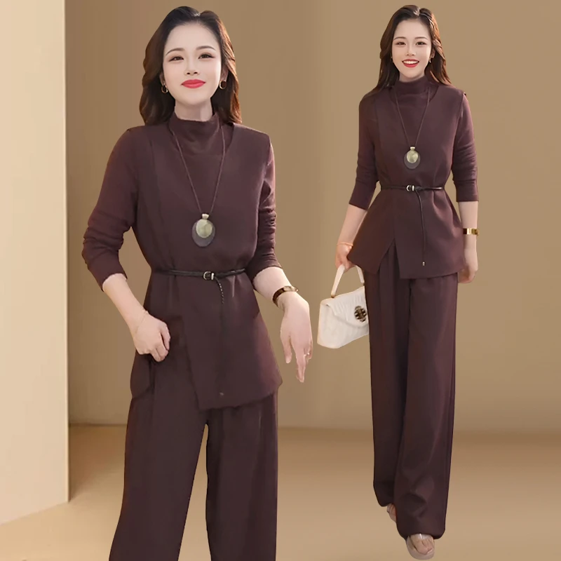 轻奢洋气时尚套装2025春秋新款气质名媛高领打底衫马甲长裤三件套