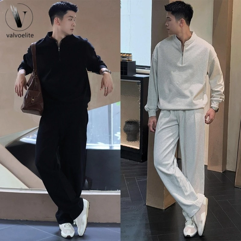 秋季新款男士纯色简约休闲套装韩版时尚半拉链立字母刺绣男士套装