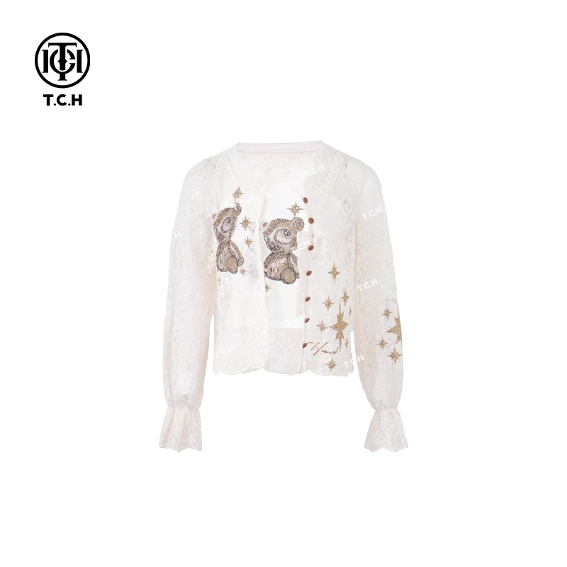 私服-TCH潮牌春夏新款时尚长袖轻奢针织蕾丝开衫两件套春季镂空