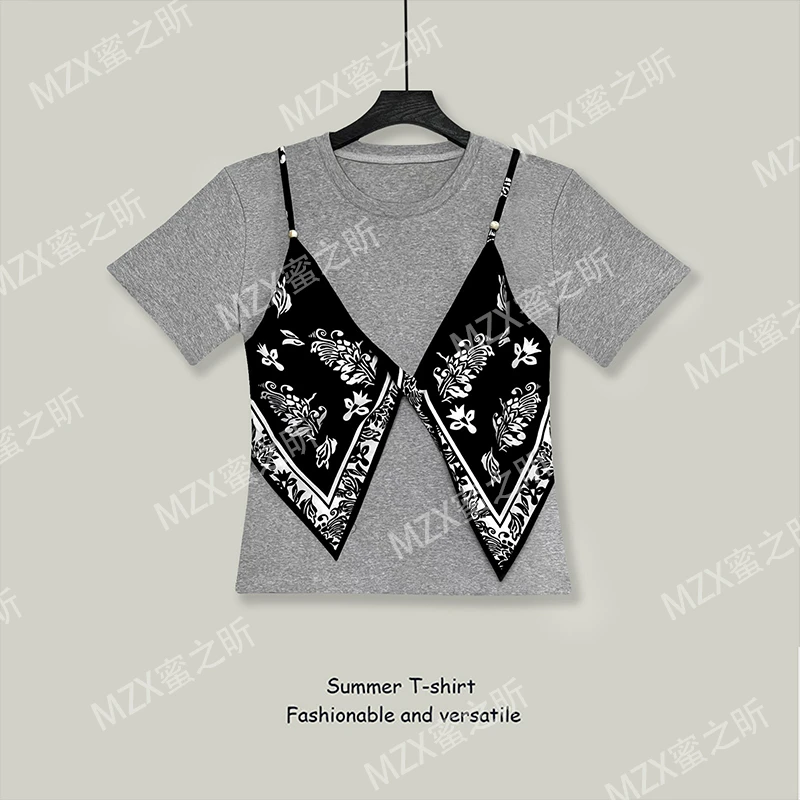 洋气短袖T恤女2025夏季新款气质假两件设计时尚百搭减龄显瘦上衣