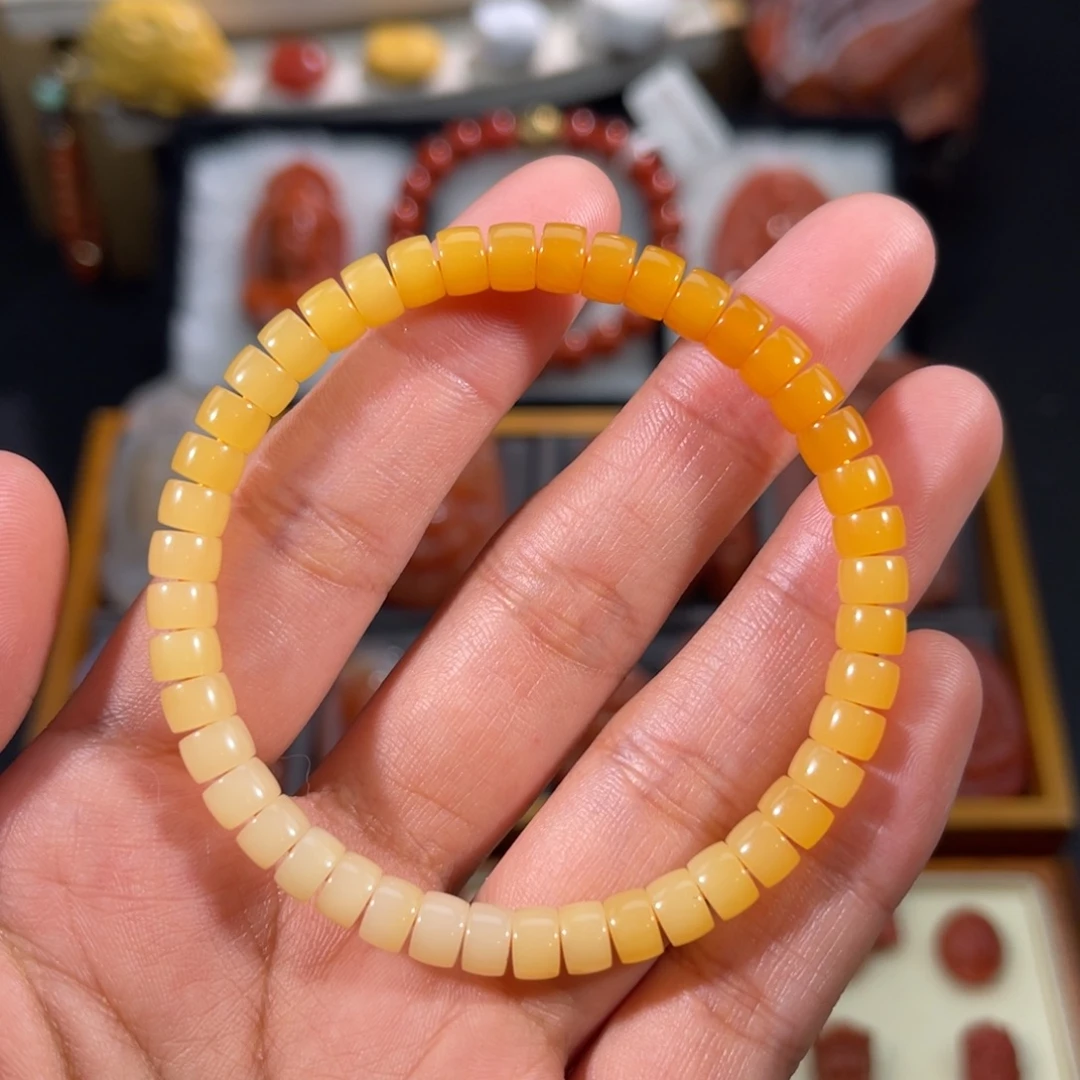 石英质玉（黄龙玉）未镶嵌渐变药片手串5.9左右不退不换