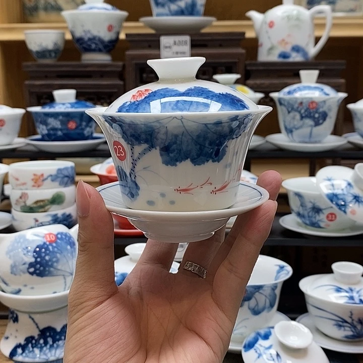 手绘荷花盖碗釉下彩高温瓷微瑕福利款