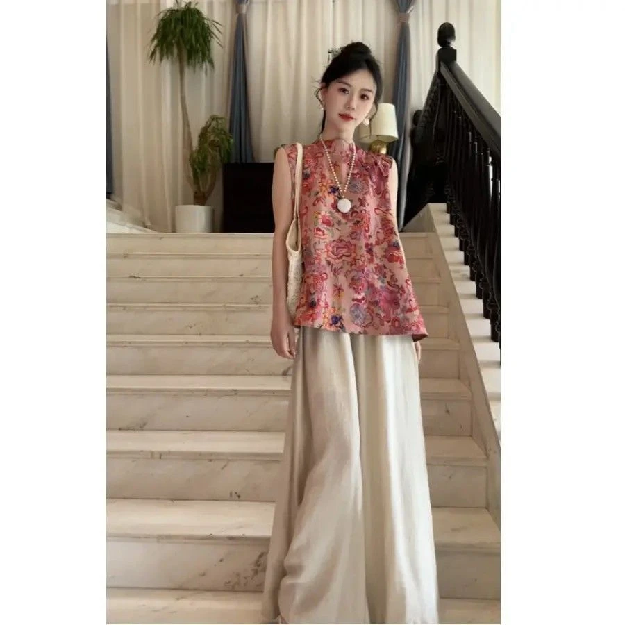 大码新中式印花无袖中长款上衣+阔腿裤夏清凉感两件套轻熟风复古