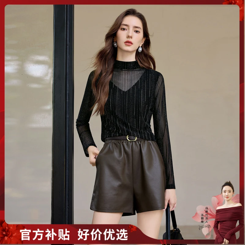 她池2025秋装新款女装时尚烫钻拼接套头半高领打底衫T53X3723E