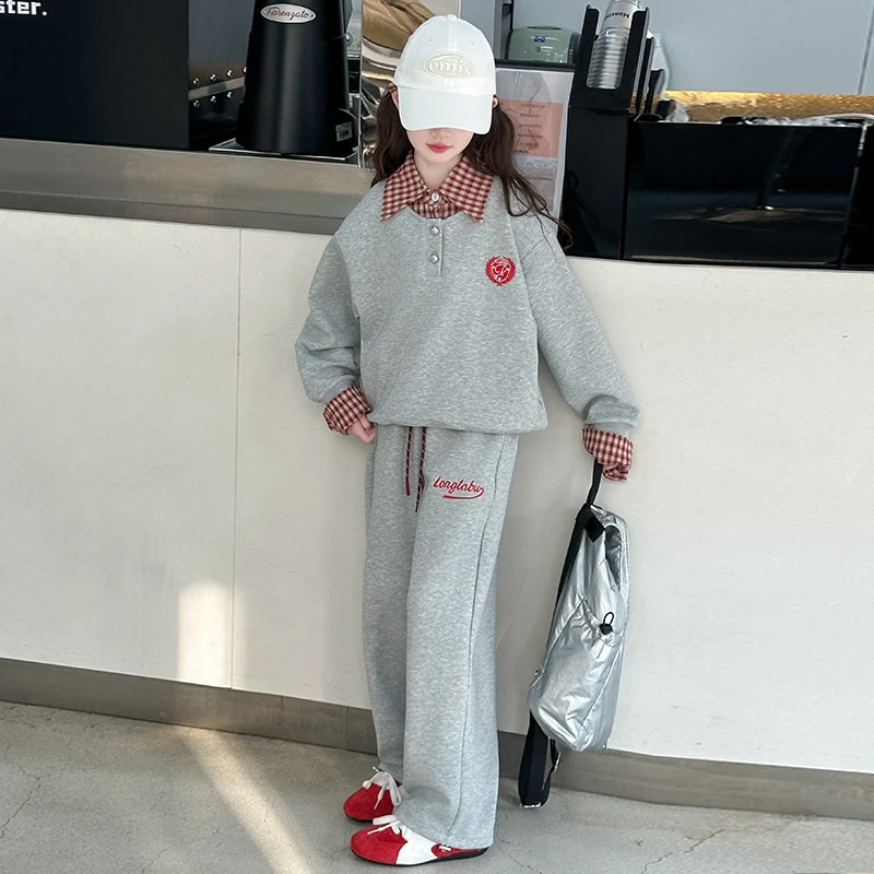 女童假两件卫衣卫裤套装春秋装2025新款春季休闲拼接长袖两件套潮