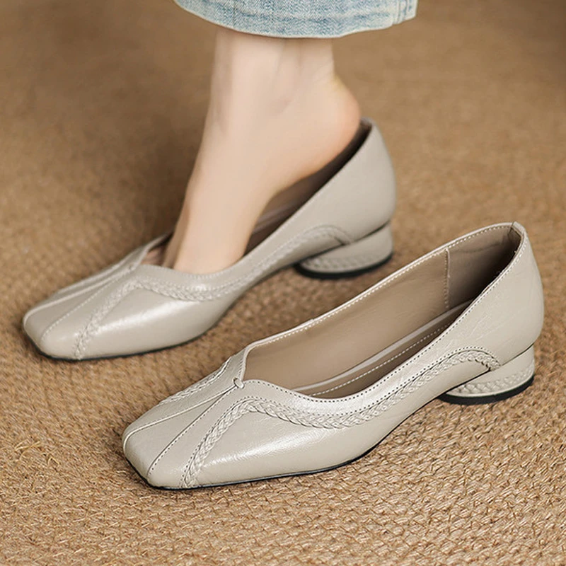 真皮法式编织一脚蹬懒人鞋子潮牌百搭小众中跟粗跟方头浅口单鞋女