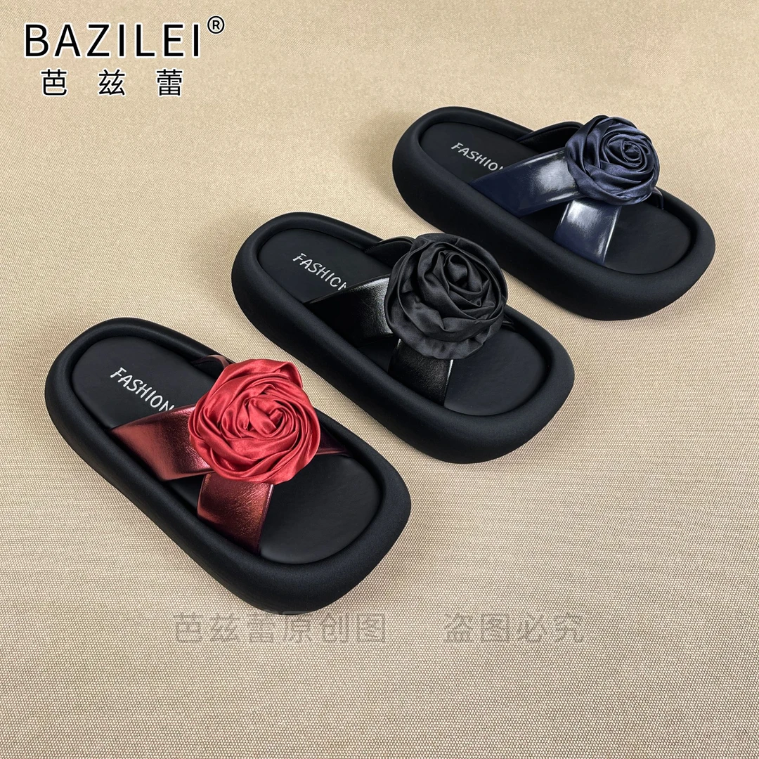 芭兹蕾【珠光玫瑰】网红一字拖女夏季新花朵厚底时尚休闲百搭凉拖鞋
