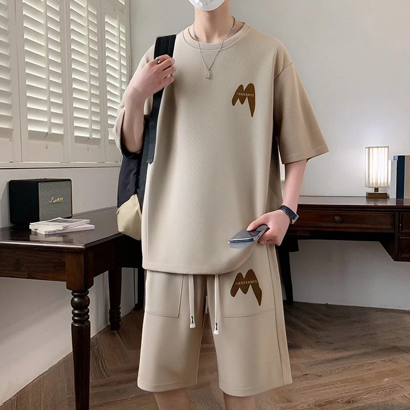 青年大码五分裤搭配宽松半袖两件套夏季圆领短袖t恤休闲运动套装