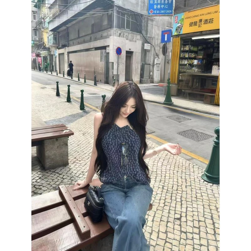 【TONG】春夏新款法式复古字母印花度假吊带背心设计感上衣女（239)