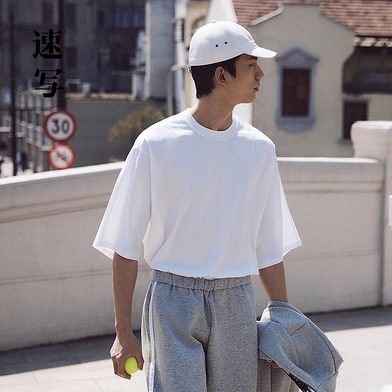 速写男装春短袖男T恤宽松连身袖休闲高能感松弛简约男生9O4112220