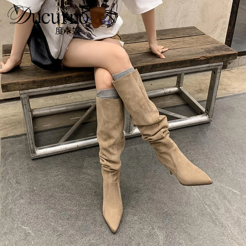 请锁死~绒面尖头细跟堆堆西部靴子显瘦大筒围高跟卡杏色长筒靴女