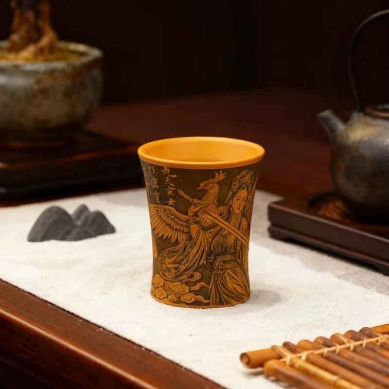 【宜兴原矿】黄金朱泥全手工紫砂主人杯 九天玄女刻绘！