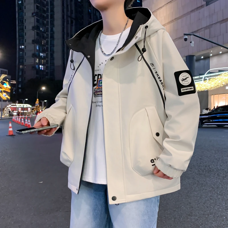 连帽拼接青少年工装春季几何宽松型夹克宽松潮流ins上衣外套男士