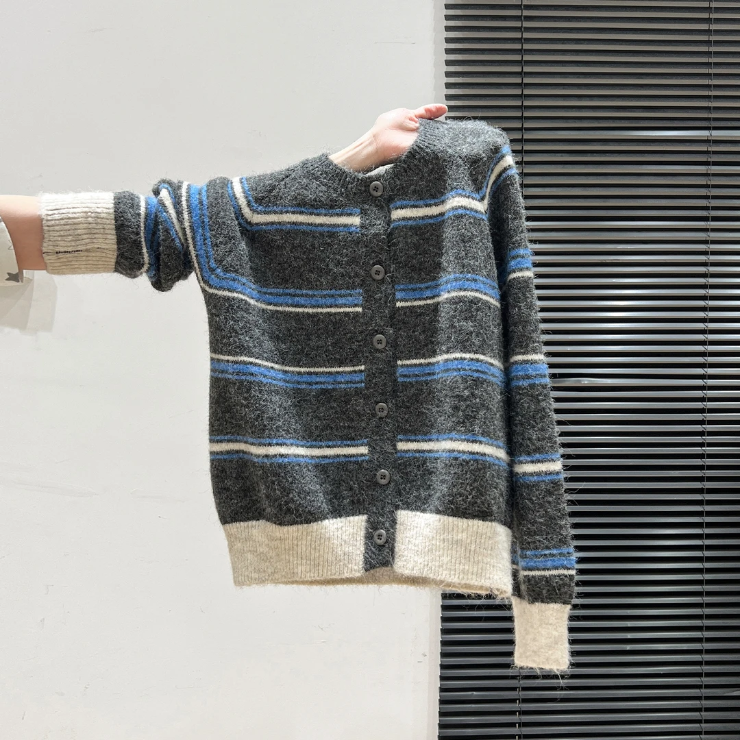 撞色条纹设计感开衫毛衣外套女2025秋冬季慵懒风宽松长袖针织上衣