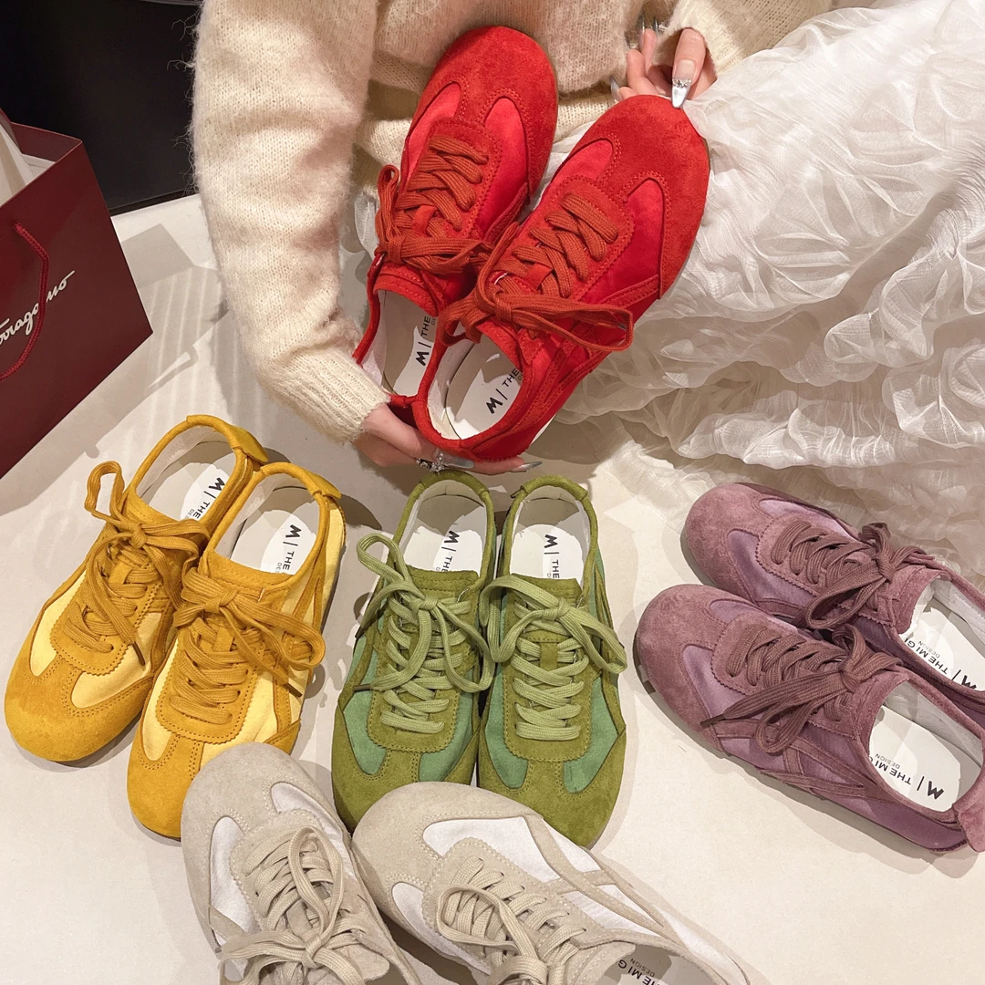 红色鞋子复古拼色德训鞋女款内增高4cm小个子厚底阿甘鞋小码女鞋