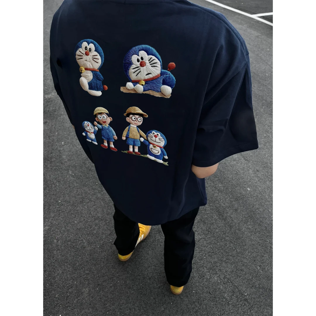 100%纯棉高街卡通哆啦A梦印花休闲短袖T恤夏季男女宽松情侣款上衣