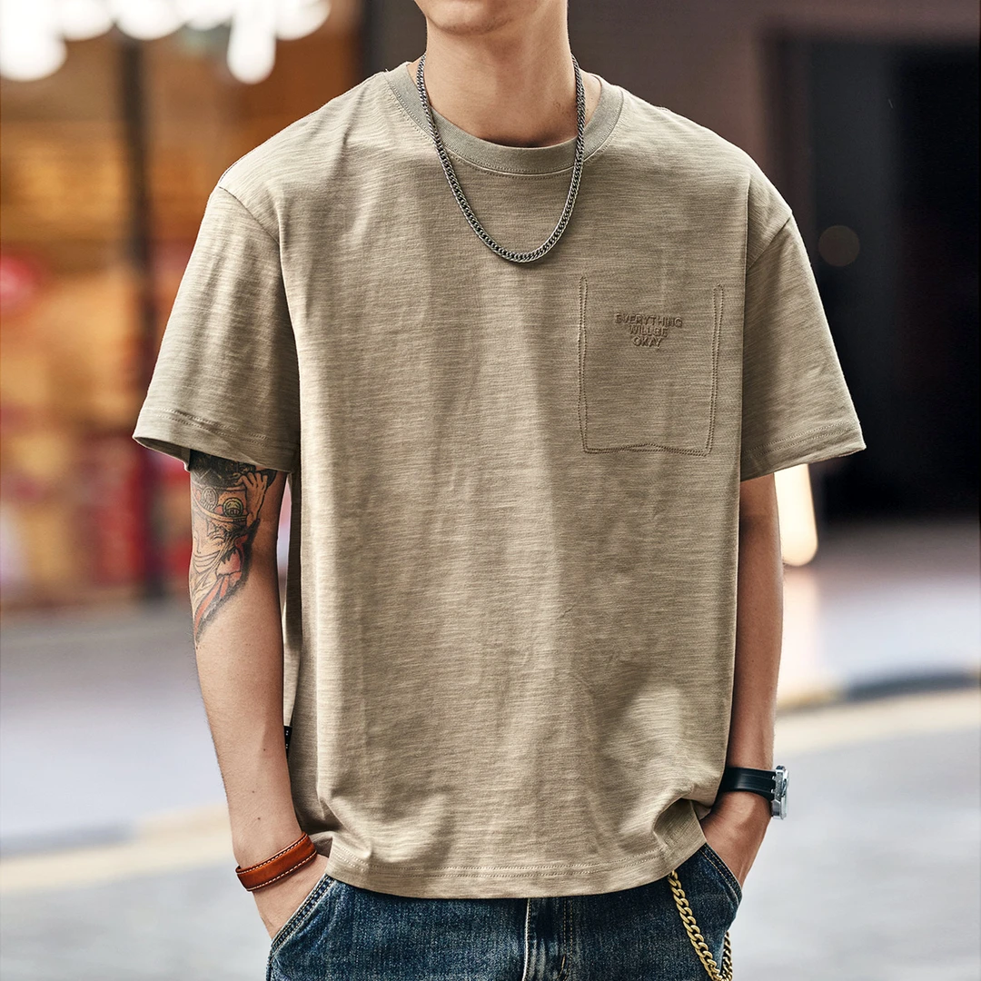 格蓝鹿美式复古宽松竹节棉短袖T恤男士夏季新款刺绣圆领半袖上衣