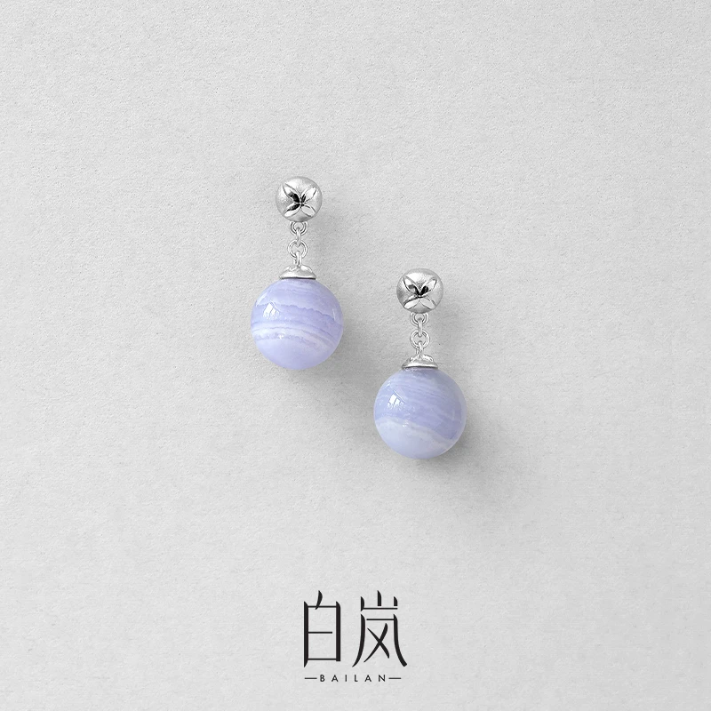 白岚花砖蓝纹玛瑙耳钉耳环耳饰女个性气质小众高级蓝色饰品ED4659