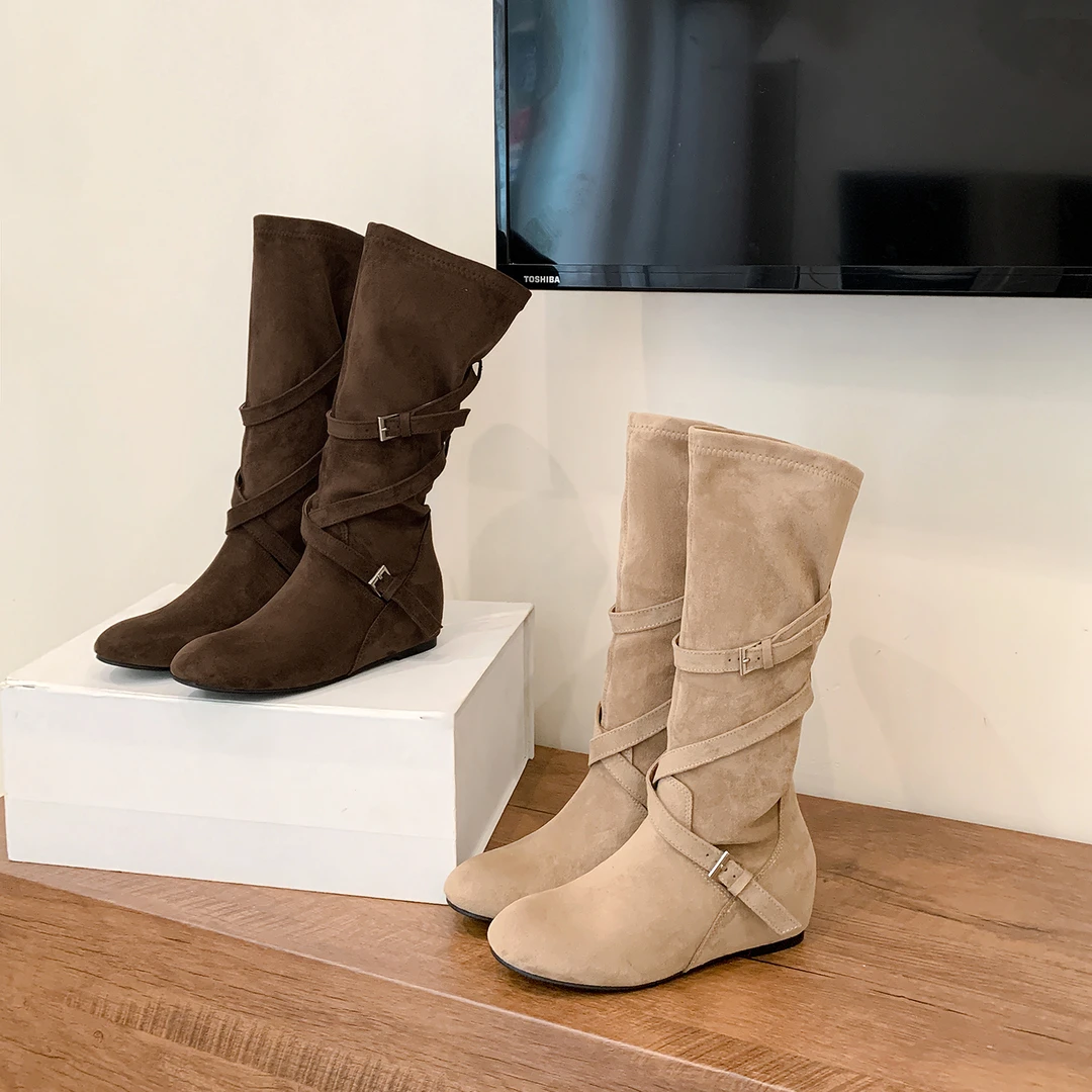 增高6cm韩系长筒靴子女增高圆头扣带柔软褶皱显瘦堆堆靴女交叉扣